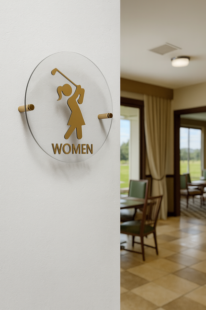 Golf Restroom Signs | Men & Women Bathroom or Locker Room Signage | Gold Acrylic Golf Icons for Clubhouses & Pro Shops