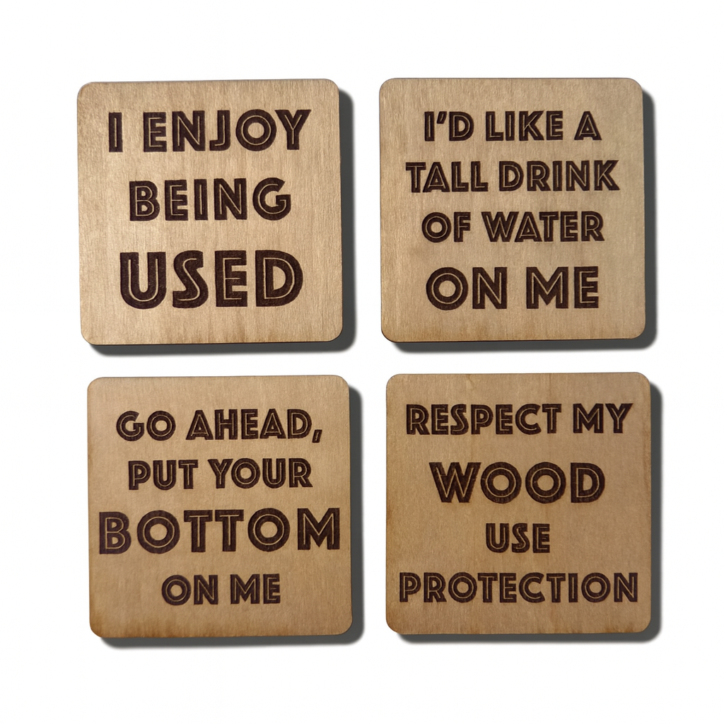 Funny Drink Coasters Set of 4 | Laser Engraved Real Wood with Cork Backing – Housewarming Gift