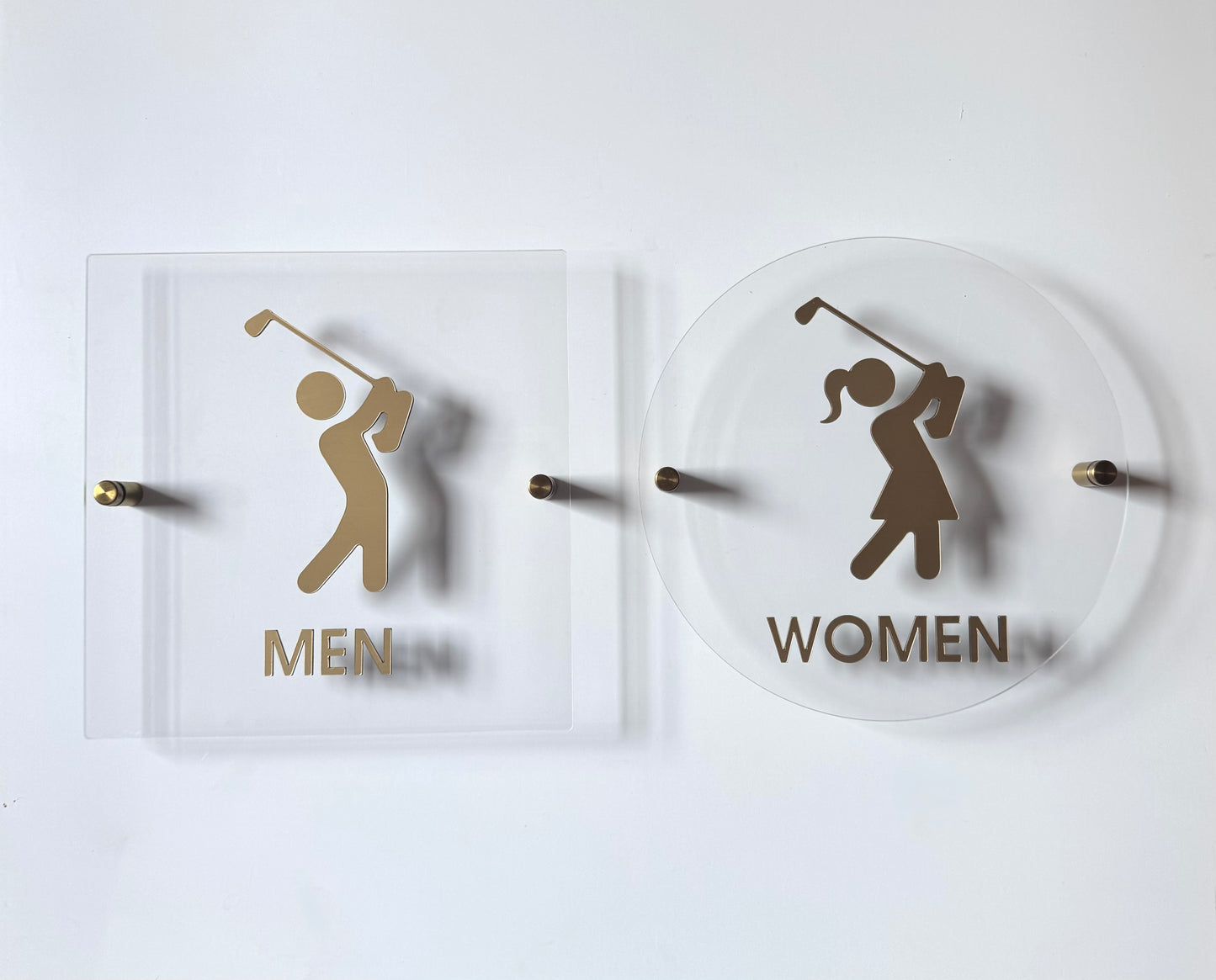 Golf Restroom Signs | Men & Women Bathroom or Locker Room Signage | Gold Acrylic Golf Icons for Clubhouses & Pro Shops