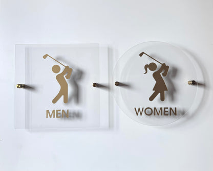 Golf Restroom Signs | Men & Women Bathroom or Locker Room Signage | Gold Acrylic Golf Icons for Clubhouses & Pro Shops