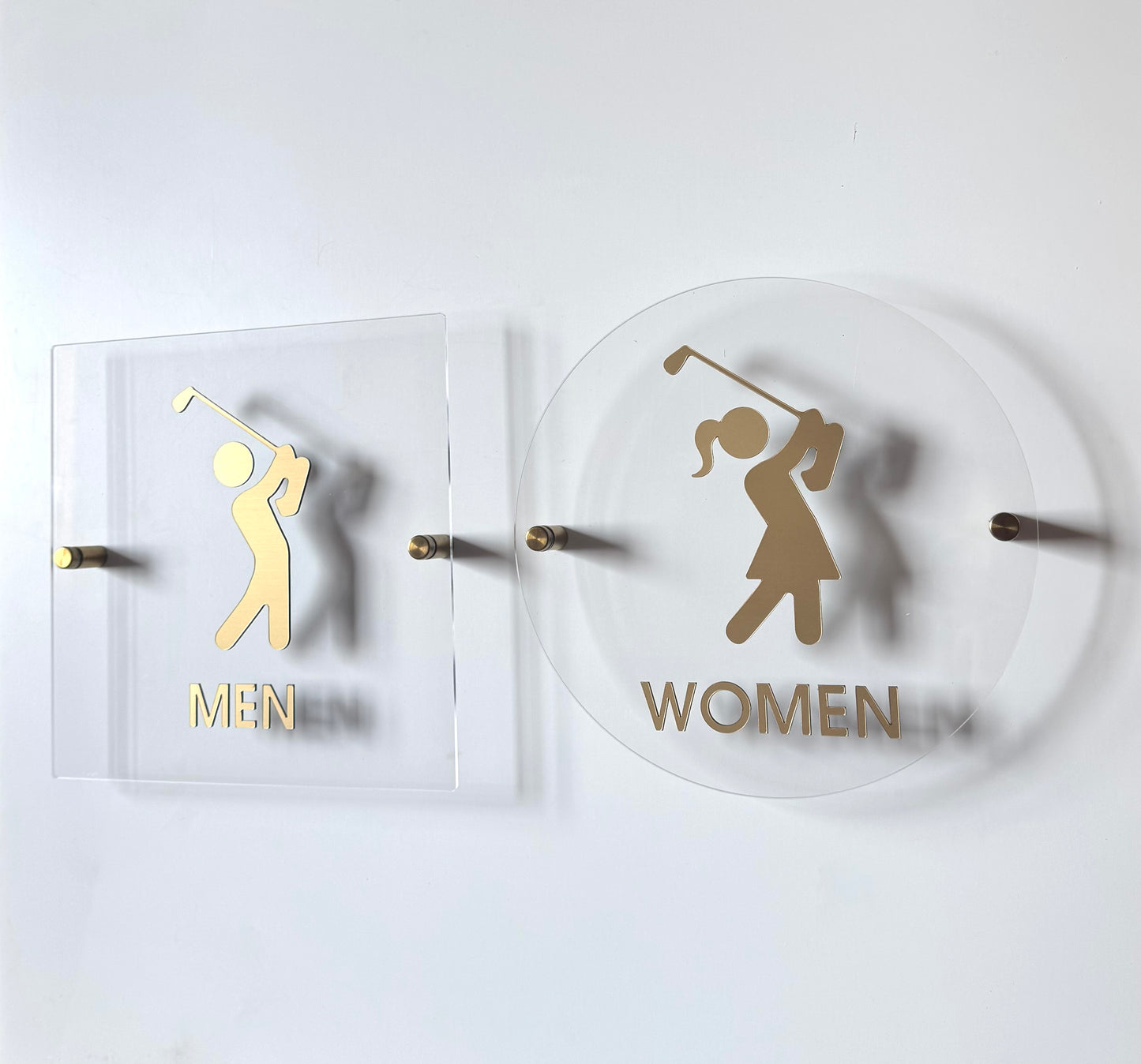 Golf Restroom Signs | Men & Women Bathroom or Locker Room Signage | Gold Acrylic Golf Icons for Clubhouses & Pro Shops