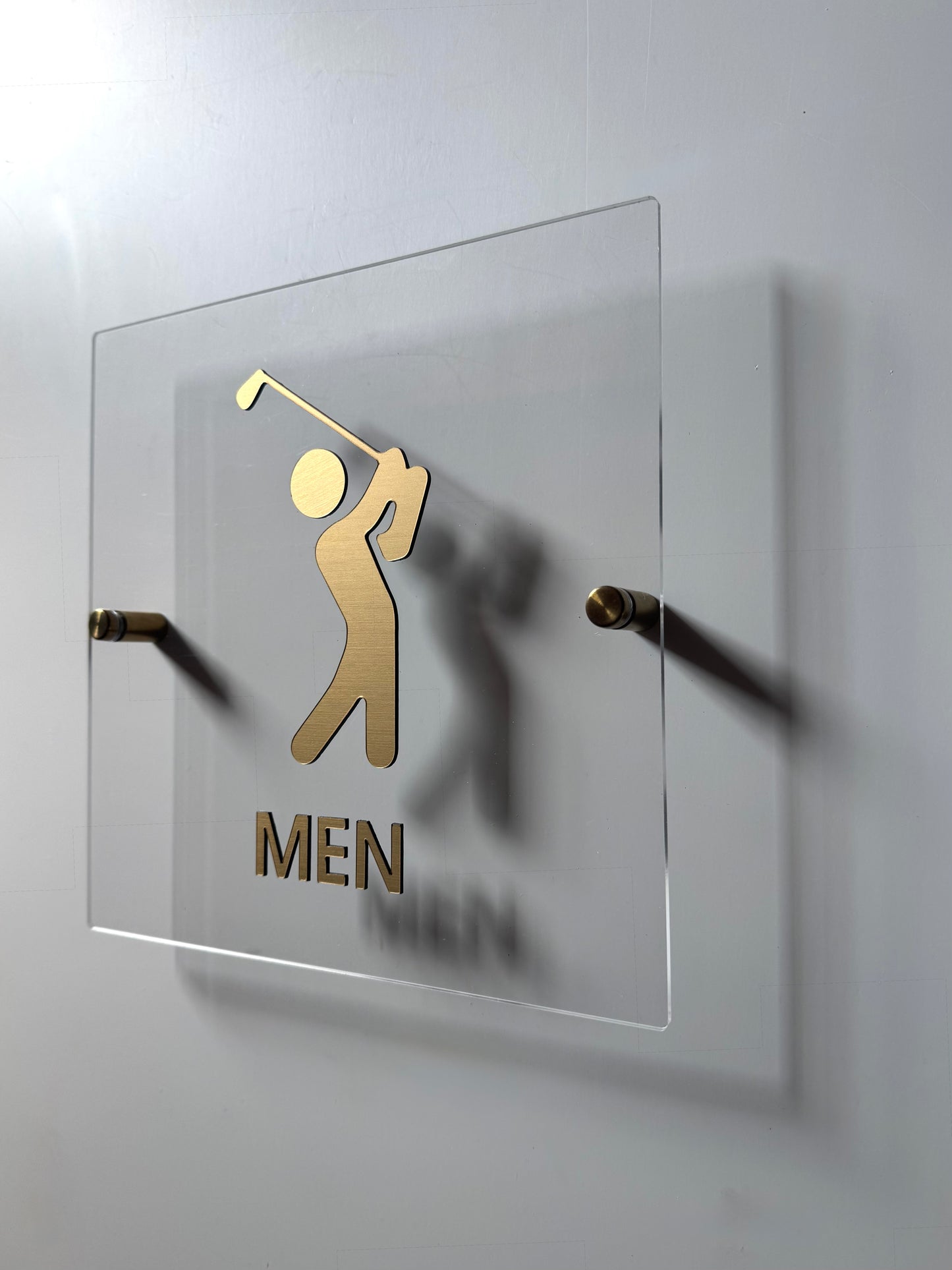 Golf Restroom Signs | Men & Women Bathroom or Locker Room Signage | Gold Acrylic Golf Icons for Clubhouses & Pro Shops