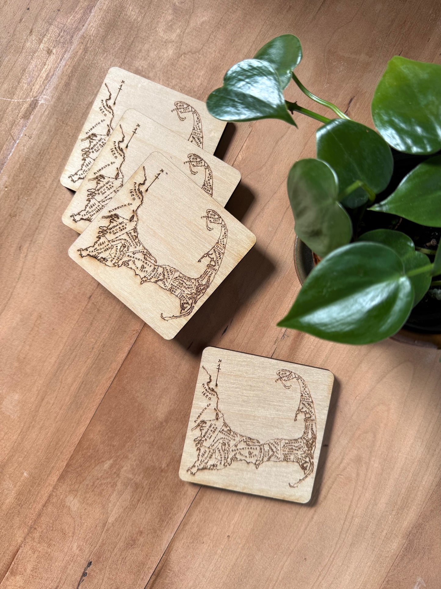 Cape Cod Map Drink Coasters Set | Laser Engraved Real Wood with Cork Backing – East Coast Coastal Decor Housewarming Gift