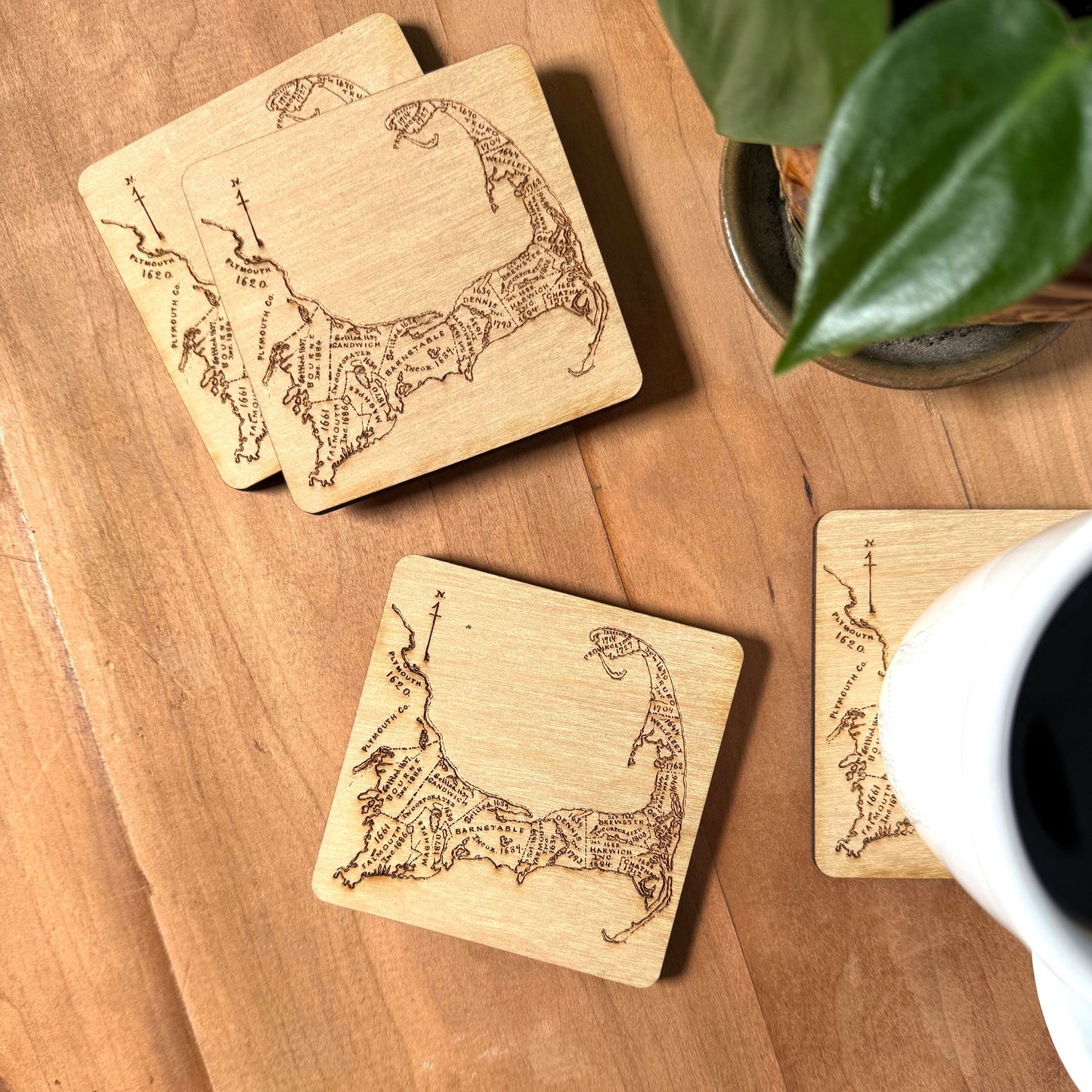 Cape Cod Map Drink Coasters Set | Laser Engraved Real Wood with Cork Backing – East Coast Coastal Decor Housewarming Gift