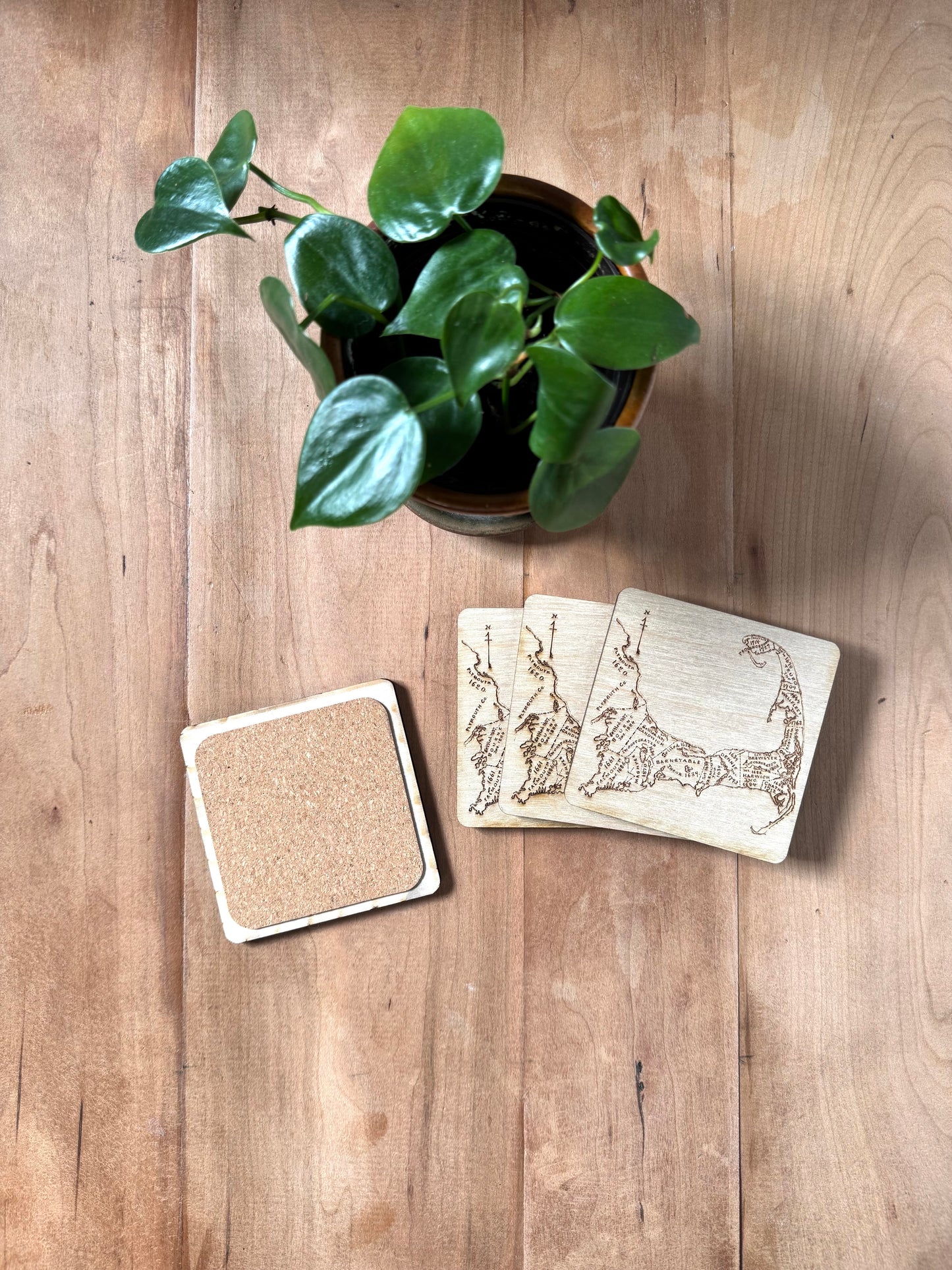 Cape Cod Map Drink Coasters Set | Laser Engraved Real Wood with Cork Backing – East Coast Coastal Decor Housewarming Gift