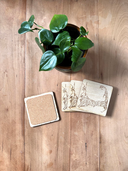 Cape Cod Map Drink Coasters Set | Laser Engraved Real Wood with Cork Backing – East Coast Coastal Decor Housewarming Gift