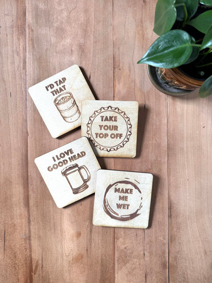 Beer Coasters | Set of 4  | Laser Engraved Real Wood Drink Coaster with Cork Backing - Housewarming Gift