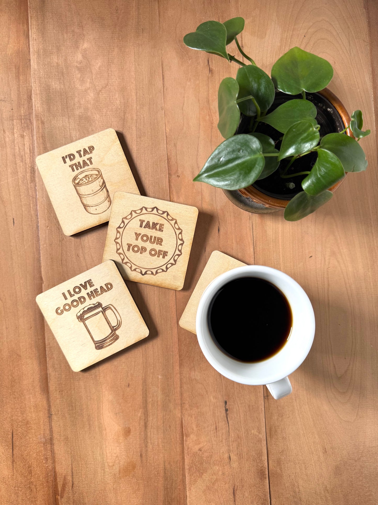 Beer Coasters | Set of 4  | Laser Engraved Real Wood Drink Coaster with Cork Backing - Housewarming Gift