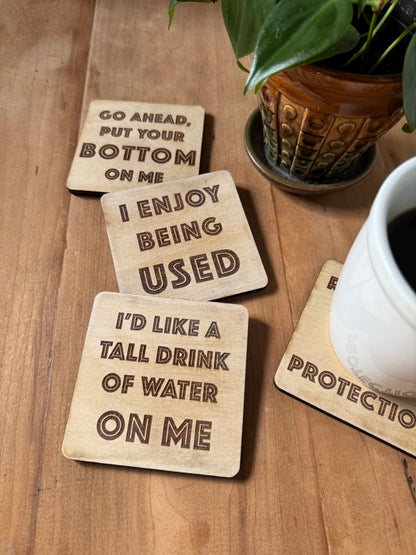 Funny Drink Coasters Set of 4 | Laser Engraved Real Wood with Cork Backing – Housewarming Gift