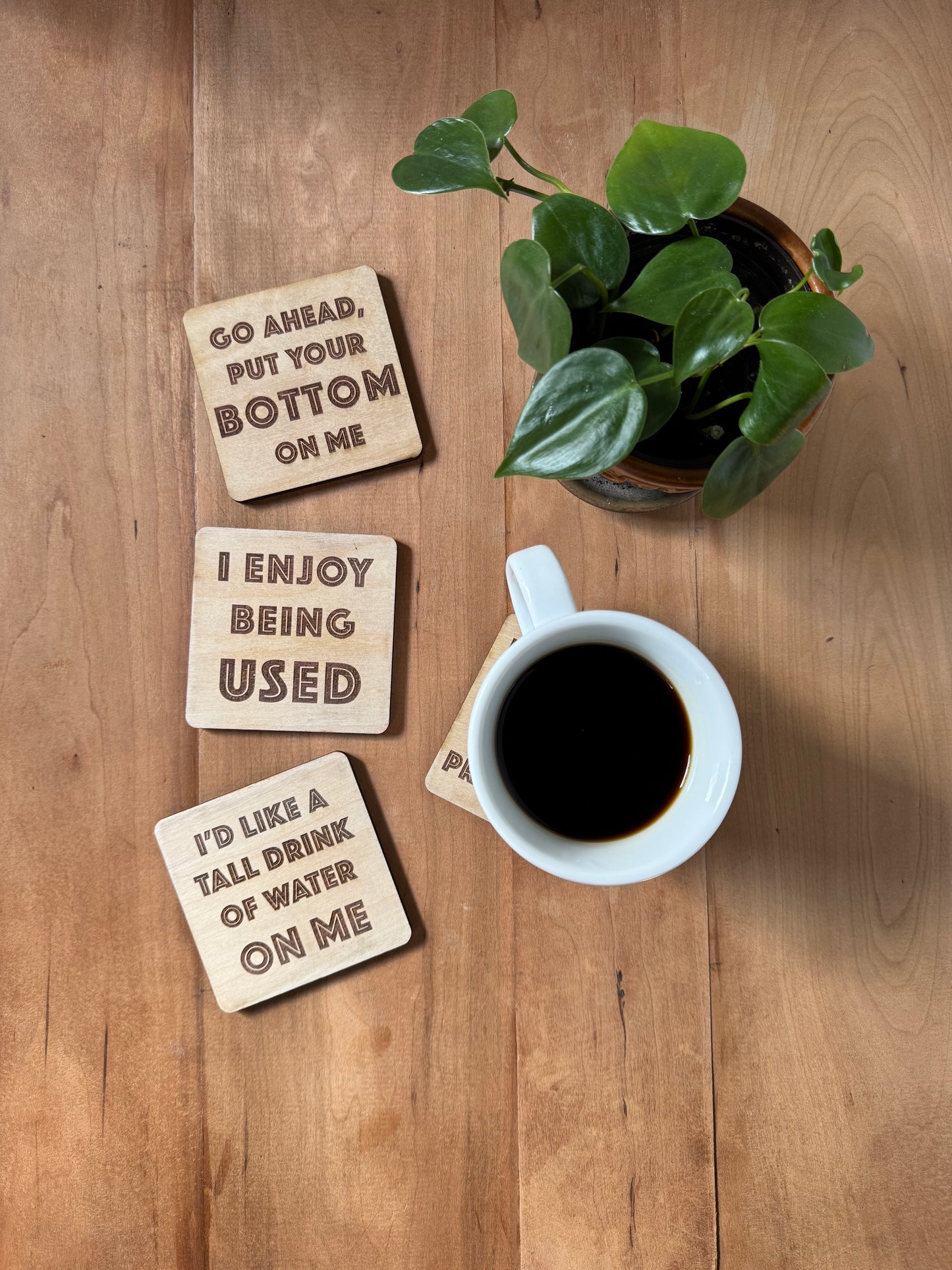Funny Drink Coasters Set of 4 | Laser Engraved Real Wood with Cork Backing – Housewarming Gift