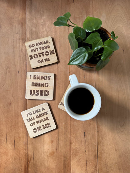 Funny Drink Coasters Set of 4 | Laser Engraved Real Wood with Cork Backing – Housewarming Gift