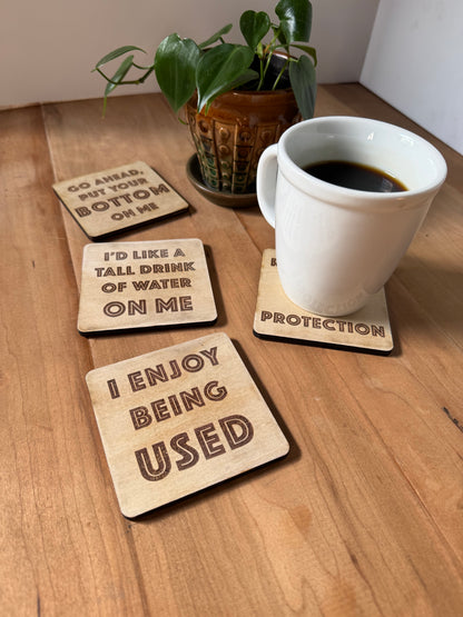 Funny Drink Coasters Set of 4 | Laser Engraved Real Wood with Cork Backing – Housewarming Gift
