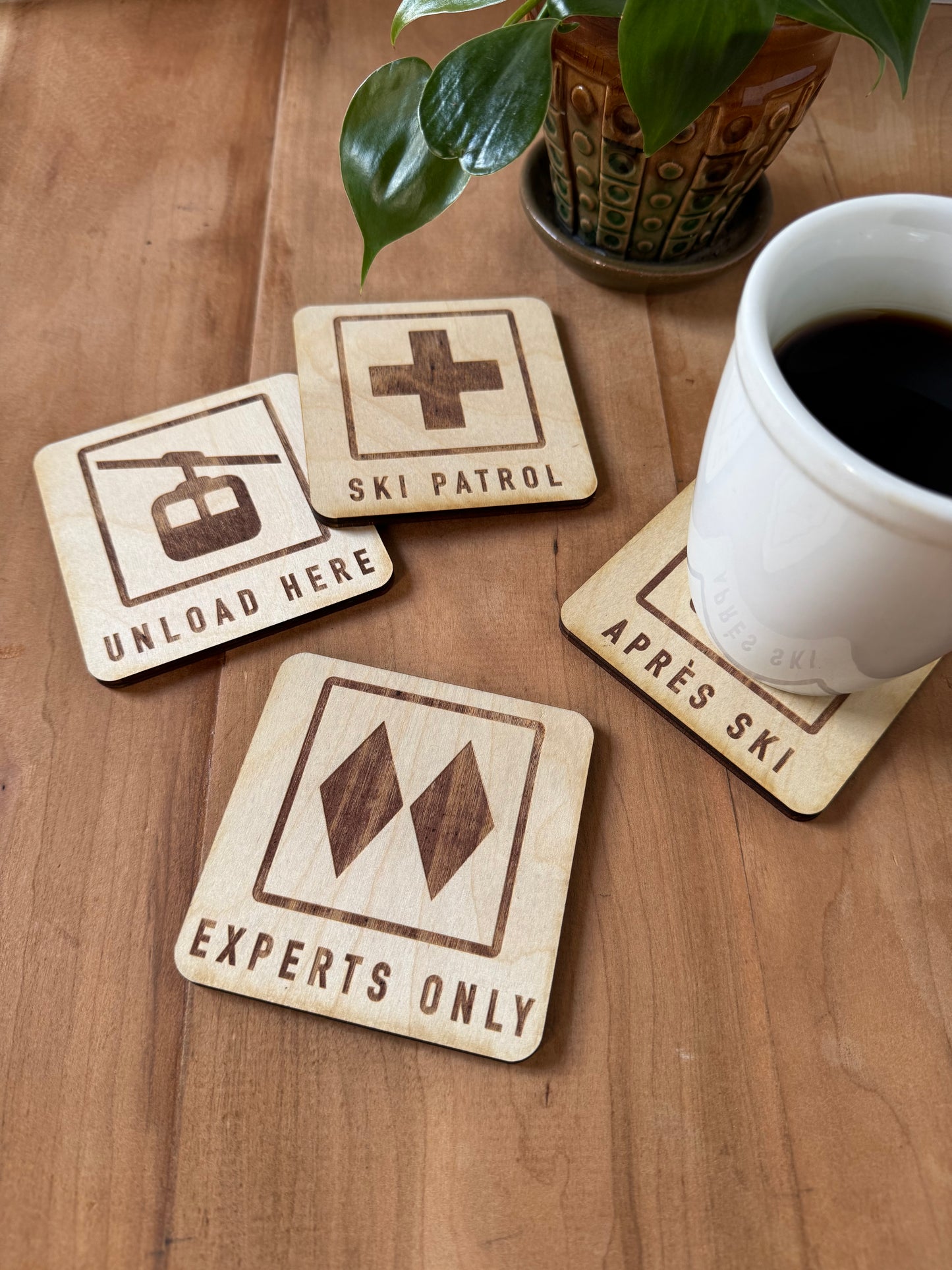 Apres Ski Drink Coaster | Set of 4 Mountain Sports Designs | Laser Engraved Real Wood with Cork Backing – Ski Cabin Decor