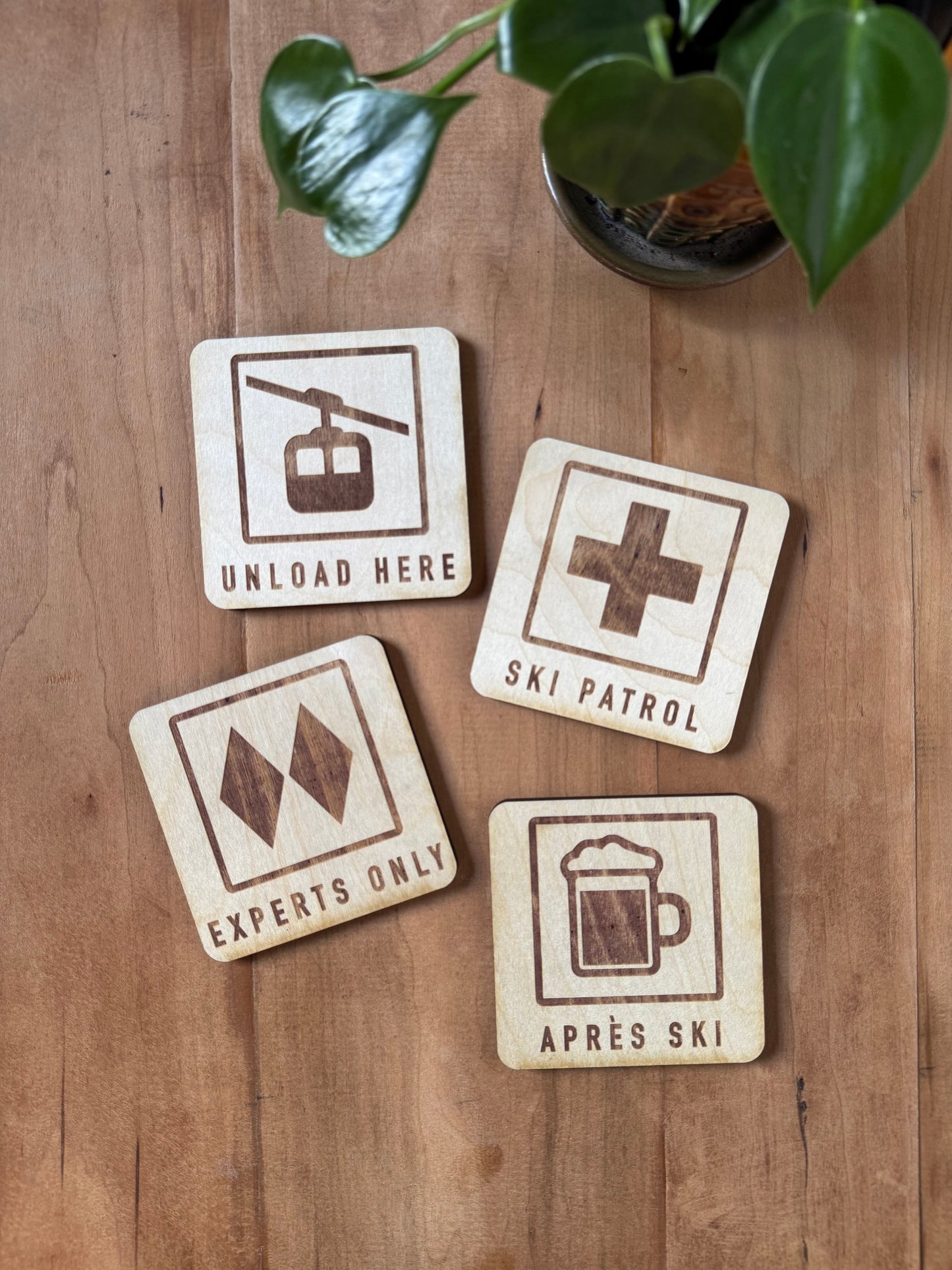 Apres Ski Drink Coaster | Set of 4 Mountain Sports Designs | Laser Engraved Real Wood with Cork Backing – Ski Cabin Decor