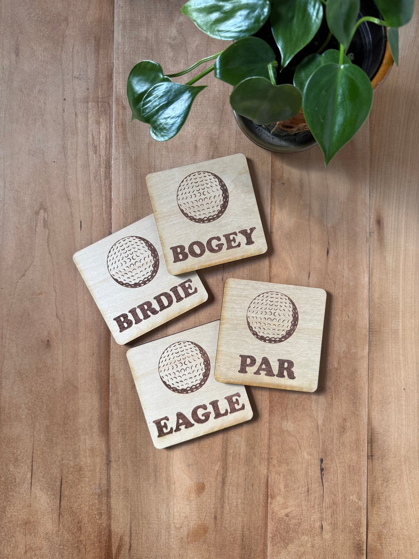 Golf Drink Coasters | Set of 4 Golf Ball Designs | Laser Engraved Real Wood with Cork Backing – Retirement Gift