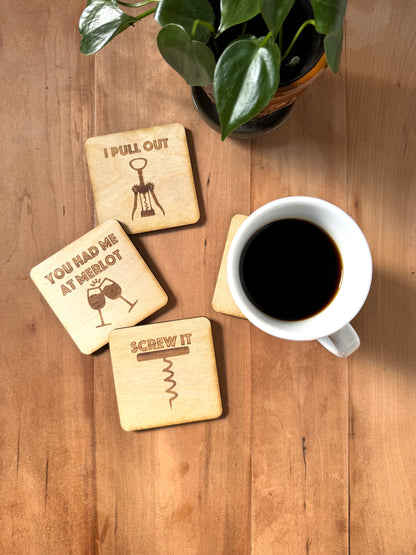 Wine Coasters | Set of 4 | Laser Engraved Real Wood with Cork Backing – Housewarming Gift