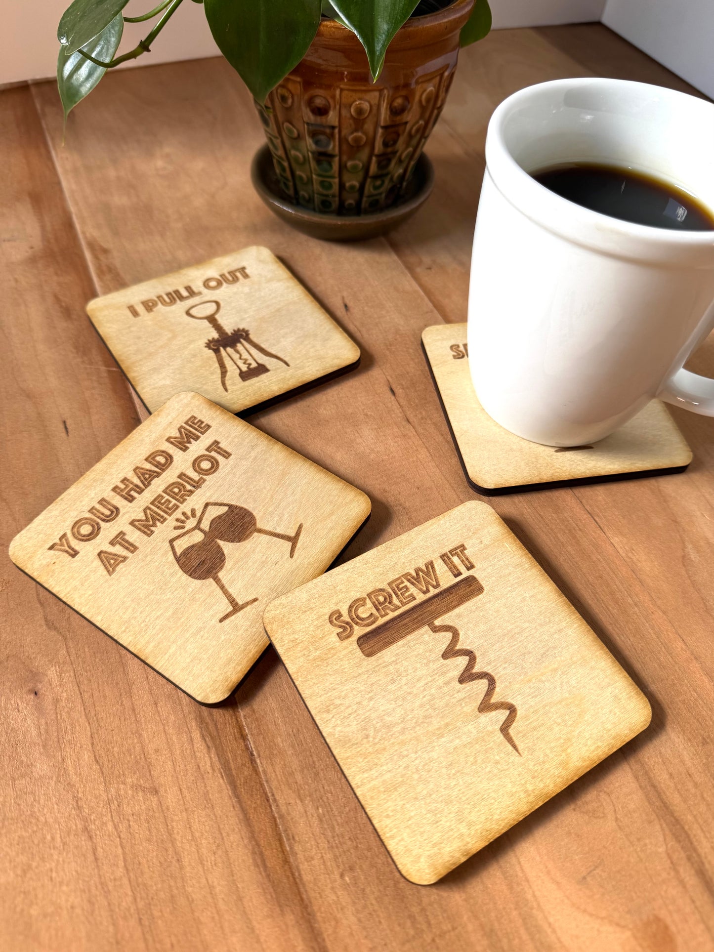Wine Coasters | Set of 4 | Laser Engraved Real Wood with Cork Backing – Housewarming Gift