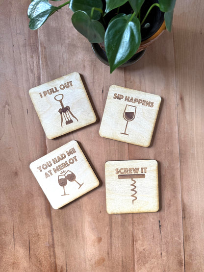 Wine Coasters | Set of 4 | Laser Engraved Real Wood with Cork Backing – Housewarming Gift