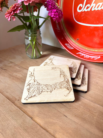 Cape Cod Map Drink Coasters Set | Laser Engraved Real Wood with Cork Backing – East Coast Coastal Decor Housewarming Gift