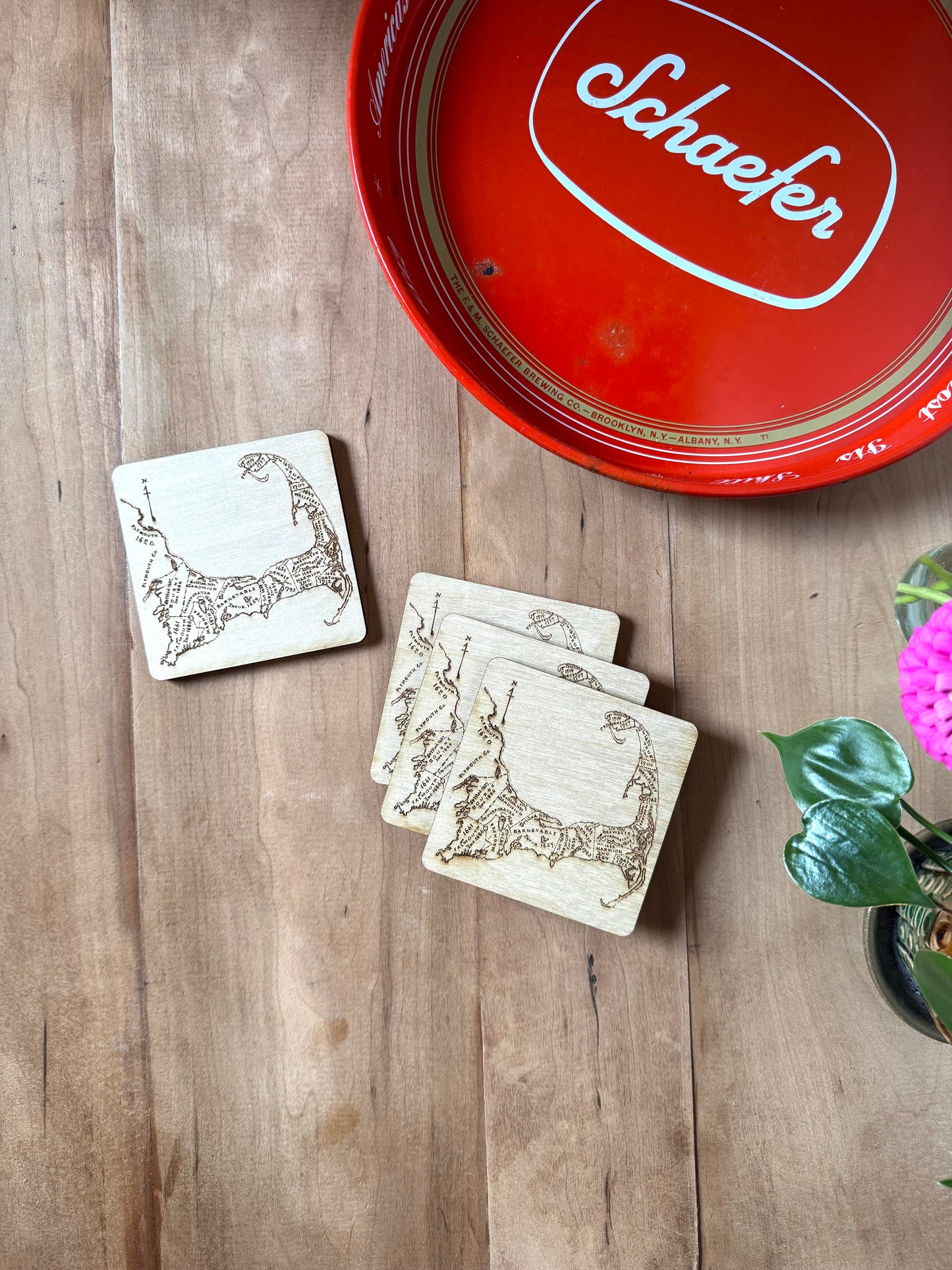 Cape Cod Map Drink Coasters Set | Laser Engraved Real Wood with Cork Backing – East Coast Coastal Decor Housewarming Gift