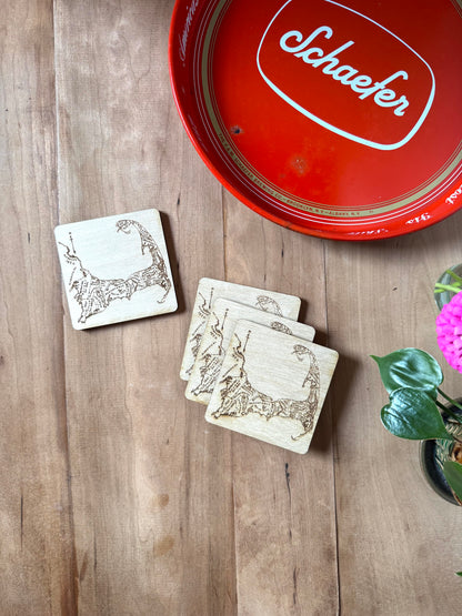 Cape Cod Map Drink Coasters Set | Laser Engraved Real Wood with Cork Backing – East Coast Coastal Decor Housewarming Gift