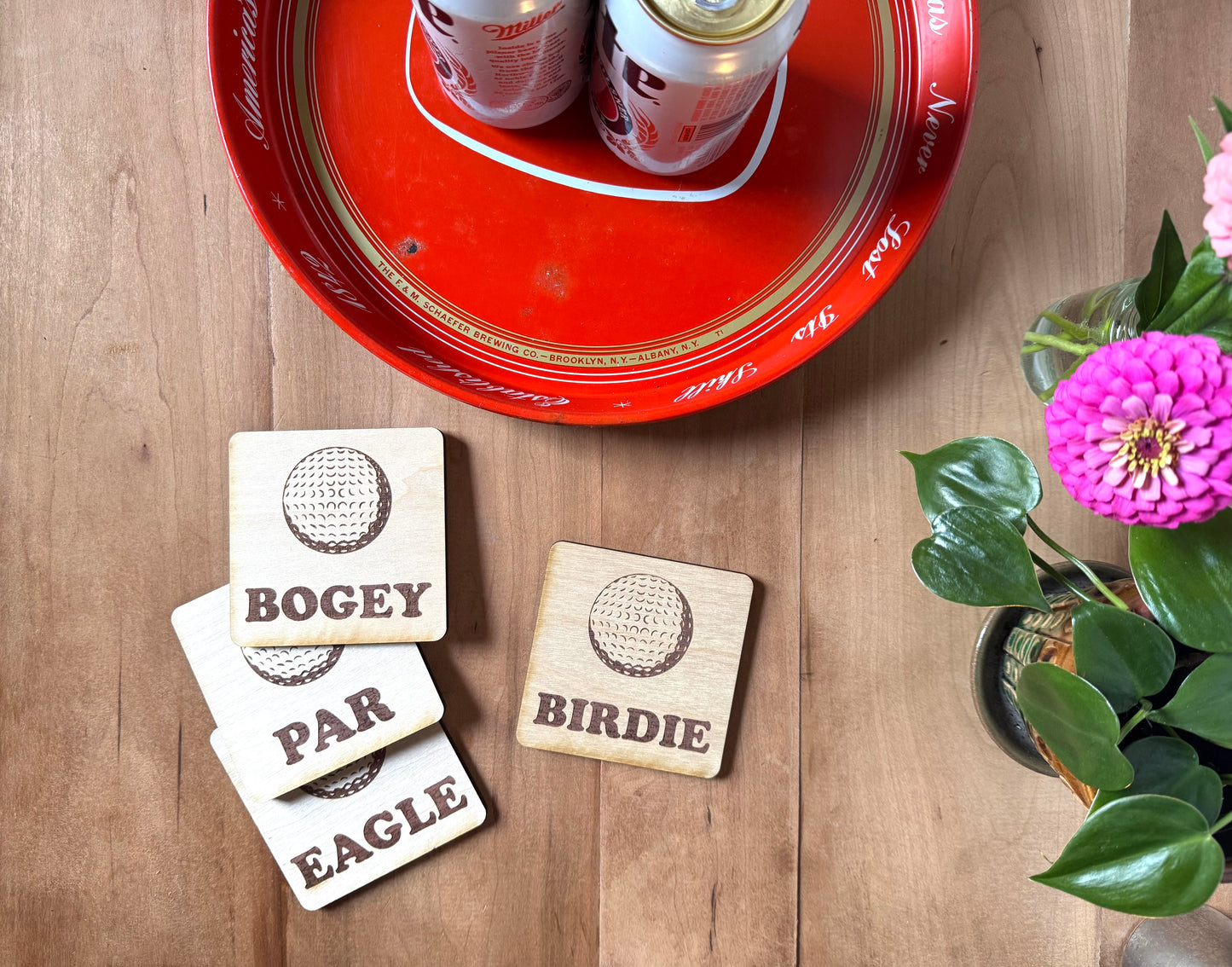Golf Drink Coasters | Set of 4 Golf Ball Designs | Laser Engraved Real Wood with Cork Backing – Retirement Gift