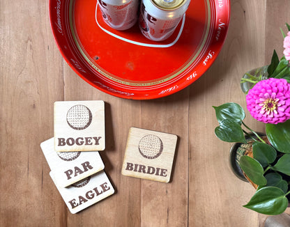 Golf Drink Coasters | Set of 4 Golf Ball Designs | Laser Engraved Real Wood with Cork Backing – Retirement Gift