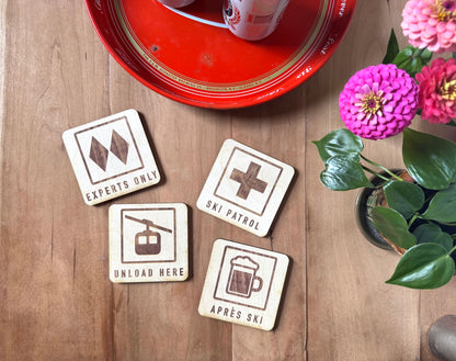Apres Ski Drink Coaster | Set of 4 Mountain Sports Designs | Laser Engraved Real Wood with Cork Backing – Ski Cabin Decor