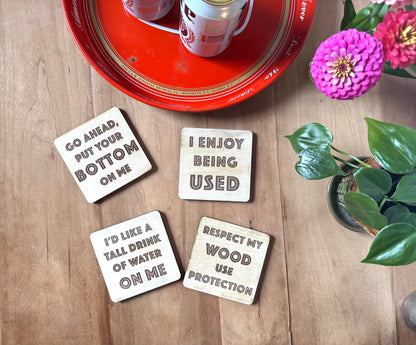 Funny Drink Coasters Set of 4 | Laser Engraved Real Wood with Cork Backing – Housewarming Gift