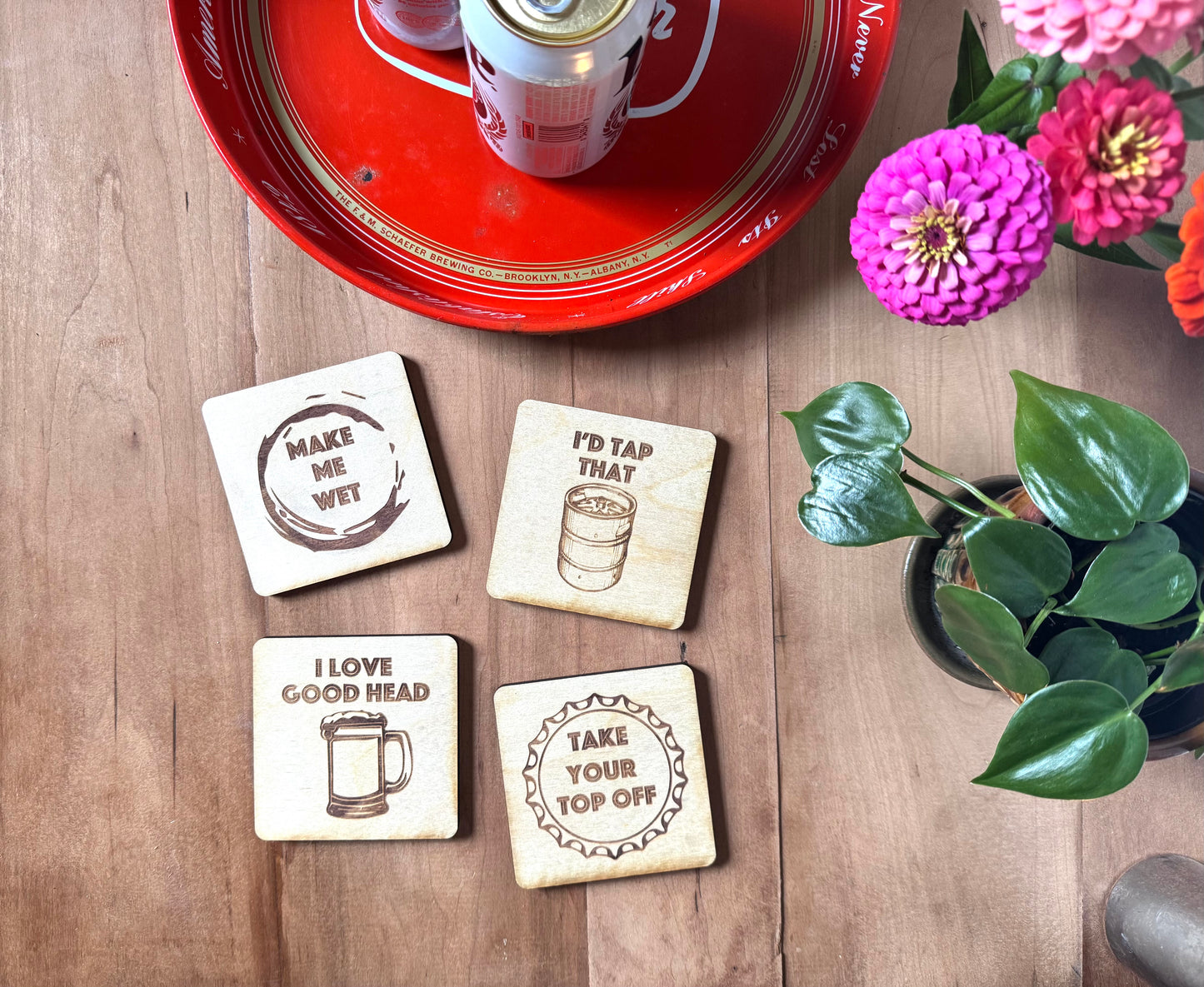 Beer Coasters | Set of 4  | Laser Engraved Real Wood Drink Coaster with Cork Backing - Housewarming Gift