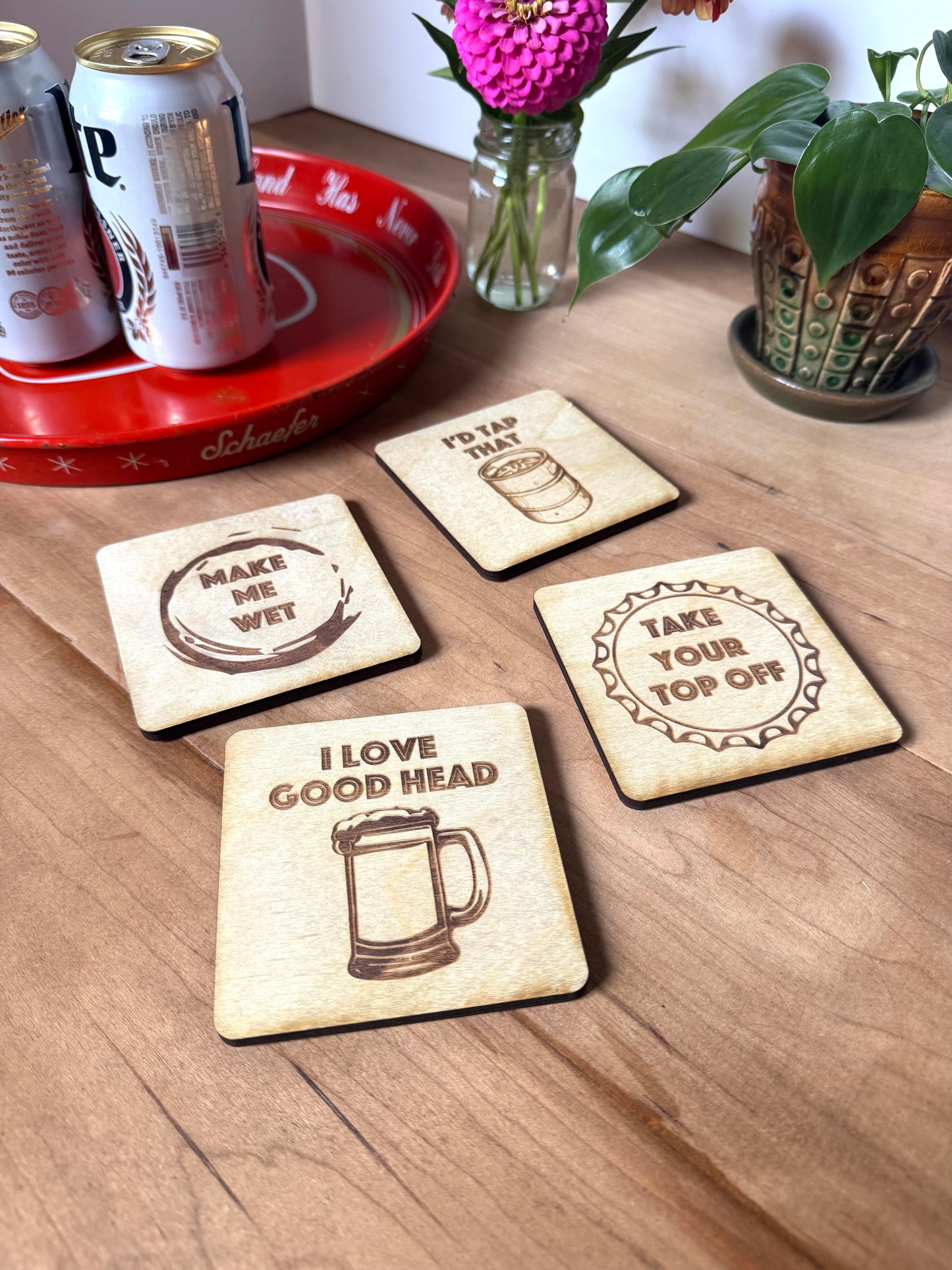 Beer Coasters | Set of 4  | Laser Engraved Real Wood Drink Coaster with Cork Backing - Housewarming Gift