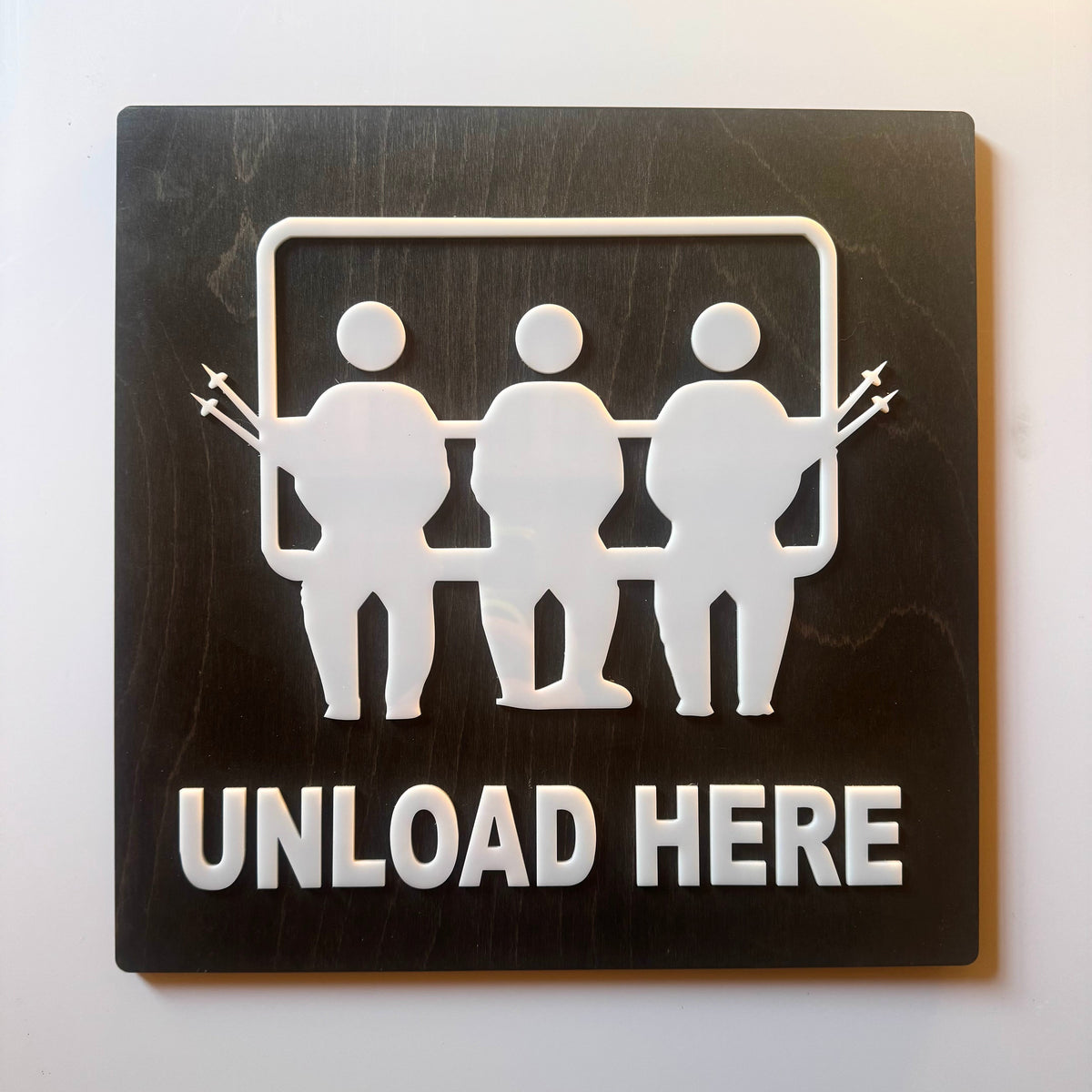 Ski Lift "Unload Here" Sign with White Acrylic Icons