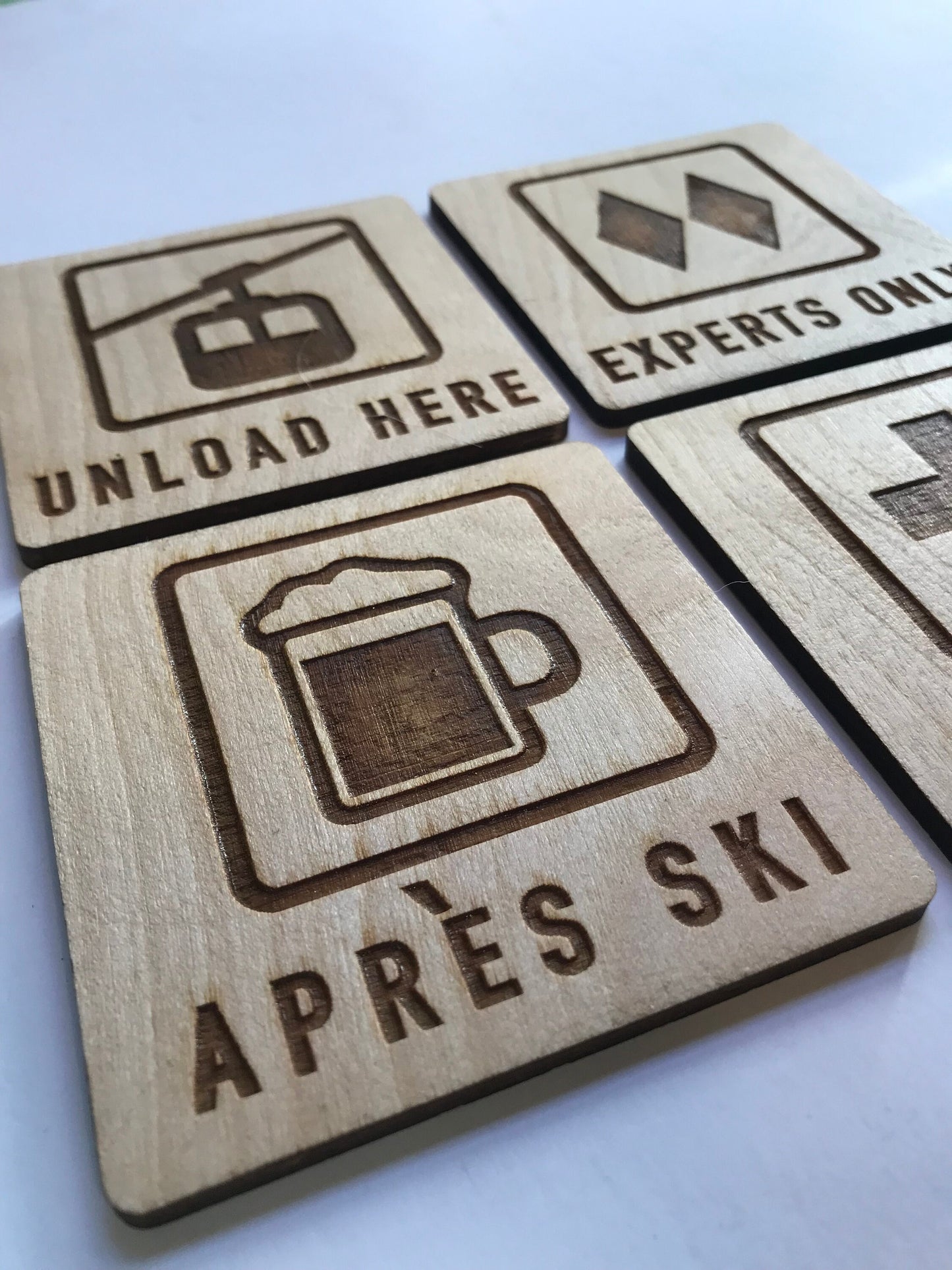 Mountain Ski Chalet Set of 4 Wood Coasters | Experts Only, Unload Here, Ski Patrol, Apres Ski | Winter Sports Snowboard Present |