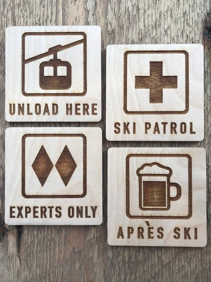 Mountain Ski Chalet Set of 4 Wood Coasters | Experts Only, Unload Here, Ski Patrol, Apres Ski | Winter Sports Snowboard Present |