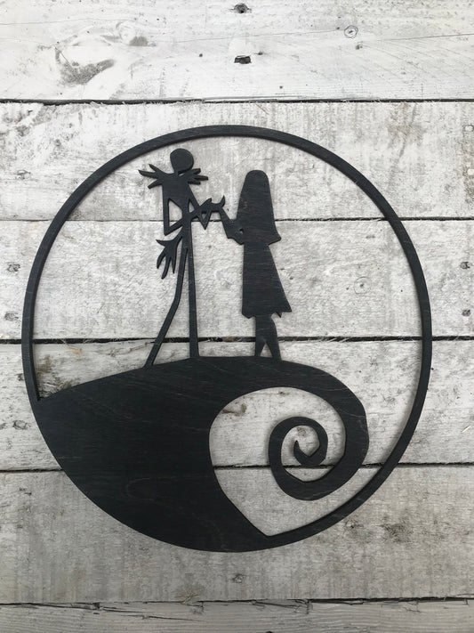 Jack and Sally Nightmare Before Christmas Cutout Wall Hanging | Tim Burton Halloween Decoration Spooky Hand Painted Decor