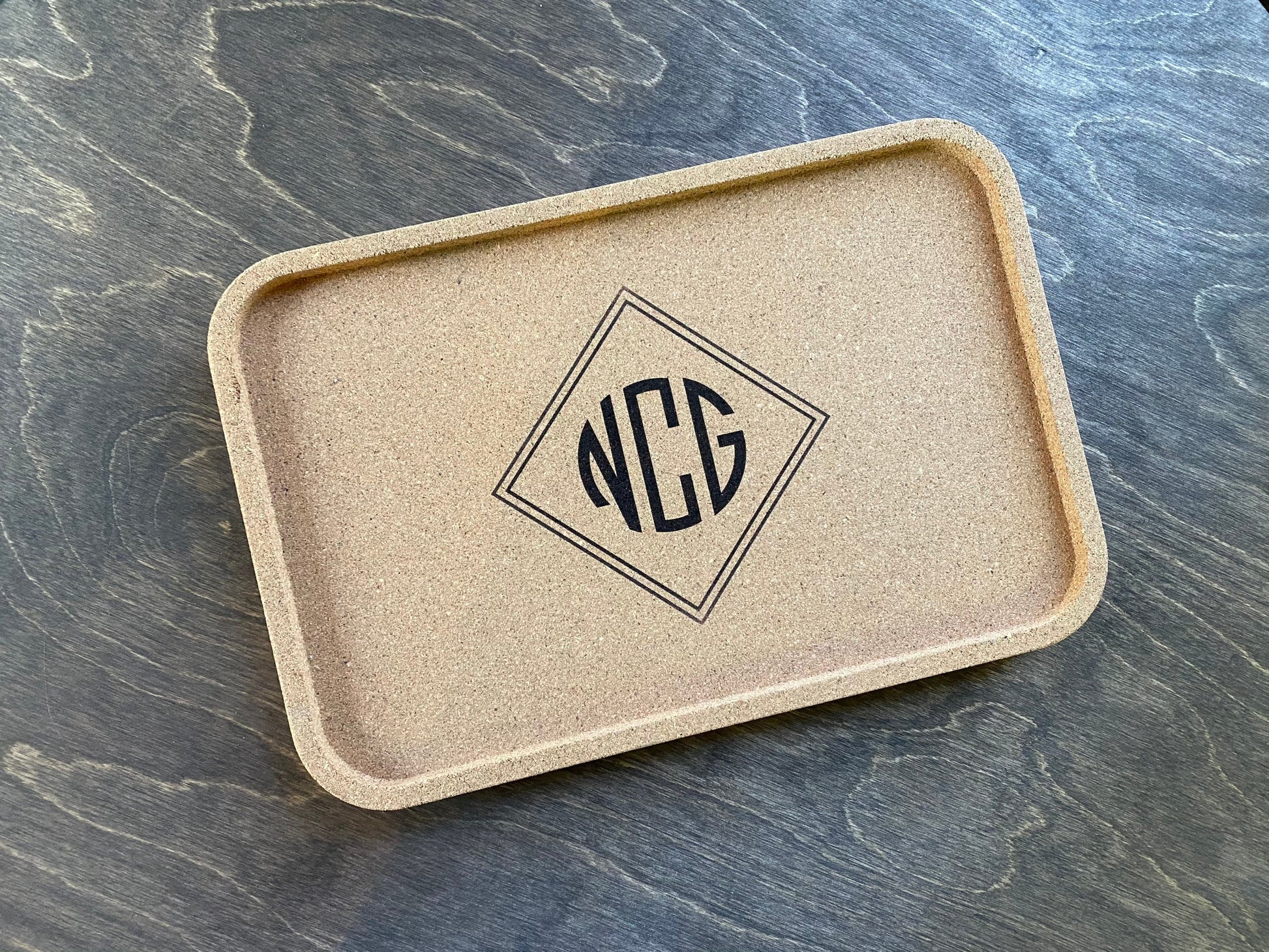 Custom Engraved Monogram Bedside Desk Cork Tray | Nightstand Phone Wallet Office Organizer Personalized Present Wedding Ring Jewelry Holder