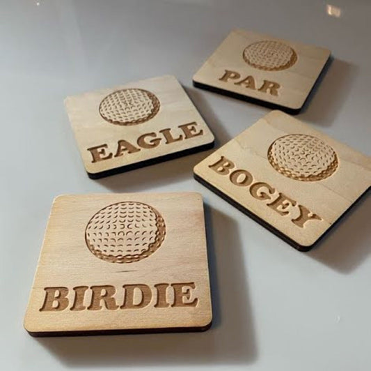 Golf Gift Coasters Set of 4 Maple Wood Drink Holder | Gift for Him Golfer Home Bar