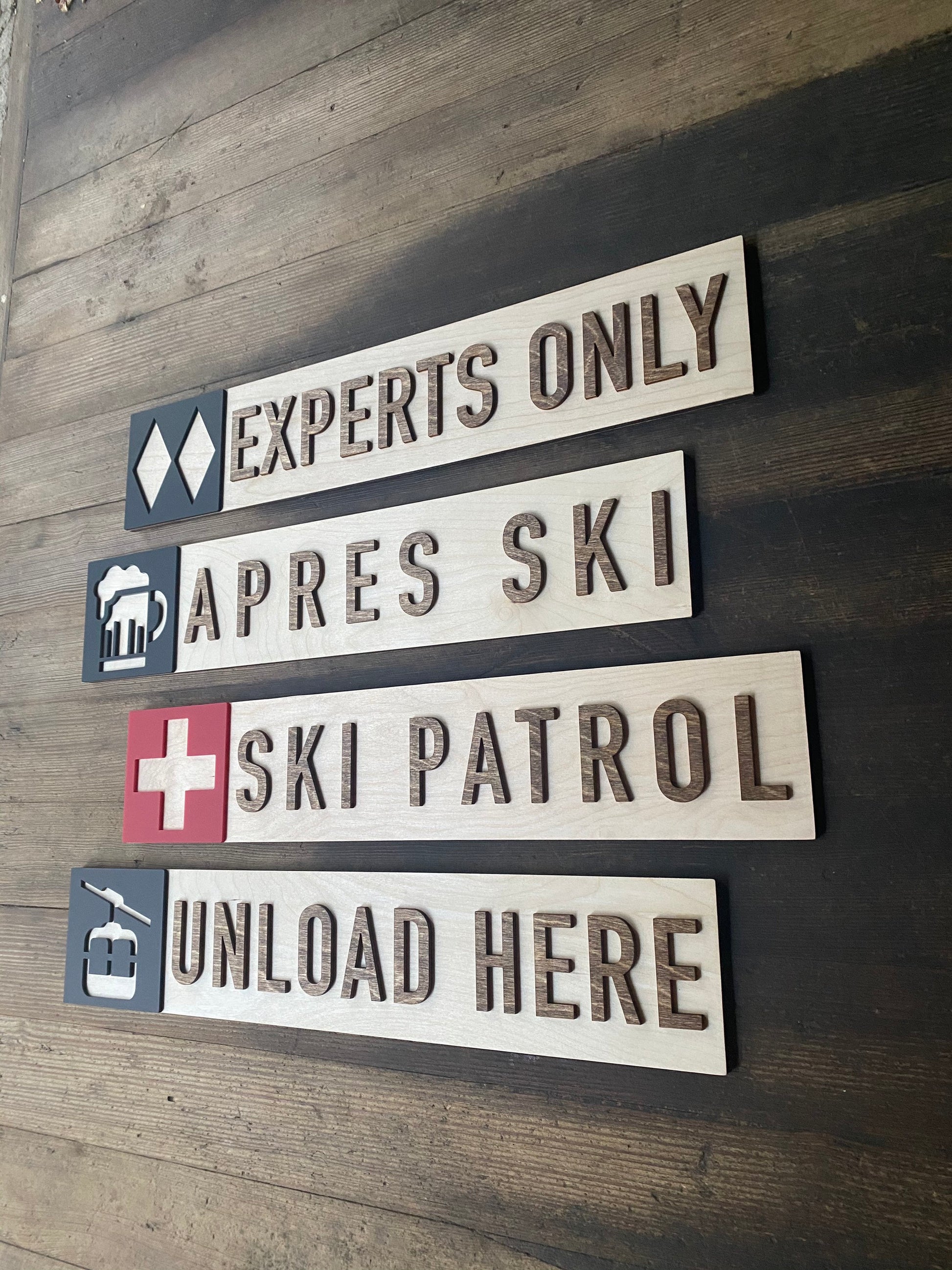 Ski Cabin Rustic Decor Signs | Choose your design Mountain Theme Snowboarding Wall Hanging | Apres Ski Experts Only Unload Here Ski Patrol