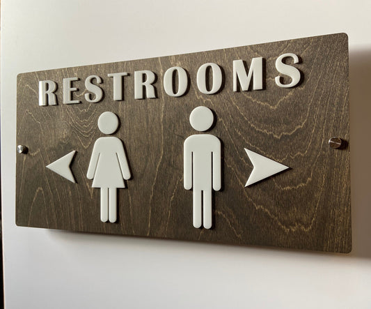 Women Men Unisex Office Directional Restroom Sign Acrylic Coffee Shop Business Handicap Bathroom Rustic Wood | 9x18"