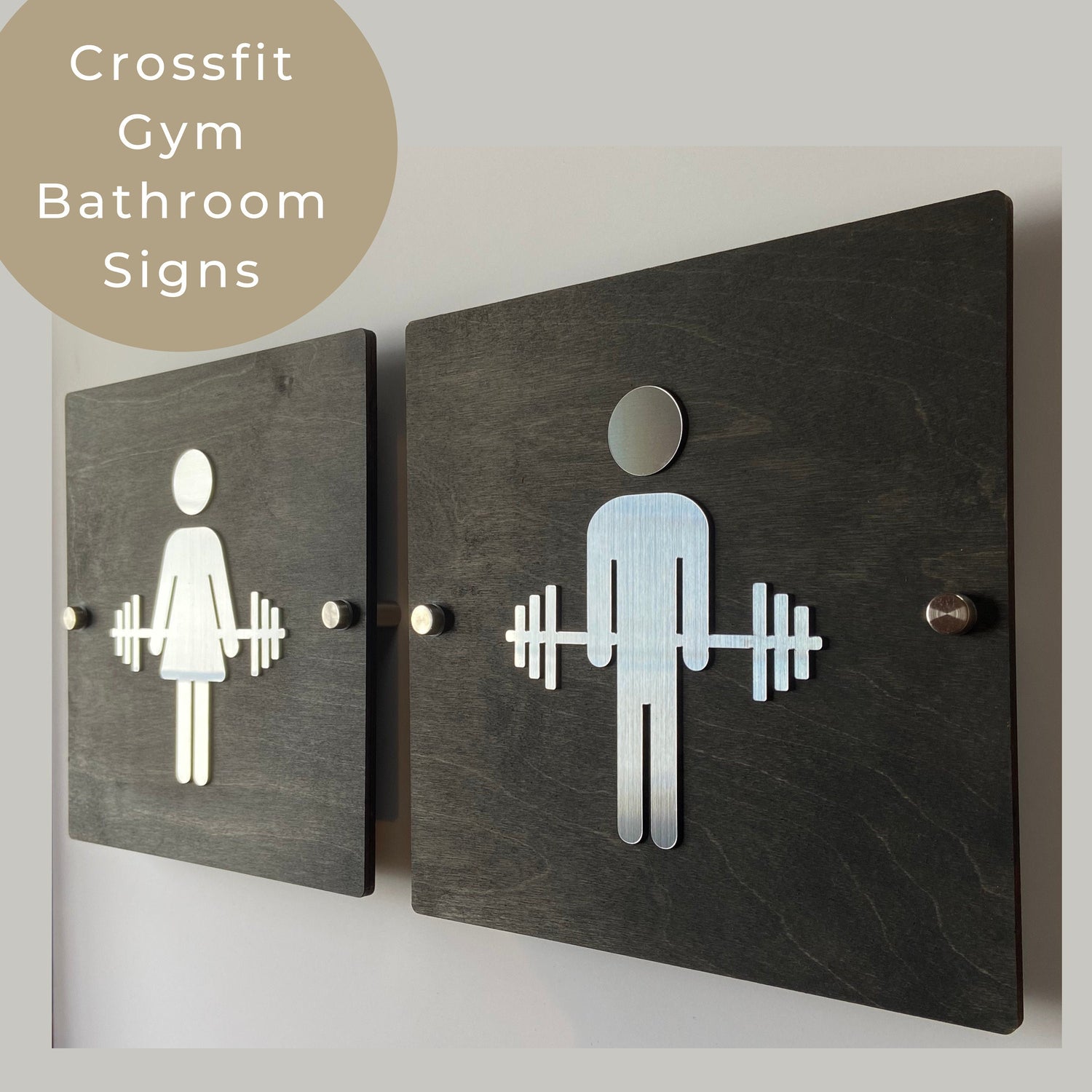 Crossfit Gym Bathroom Women Men Unisex Cycling Studio Restroom Signs Acrylic Rustic Wood 9 x 9 "| Priced per sign not as a set