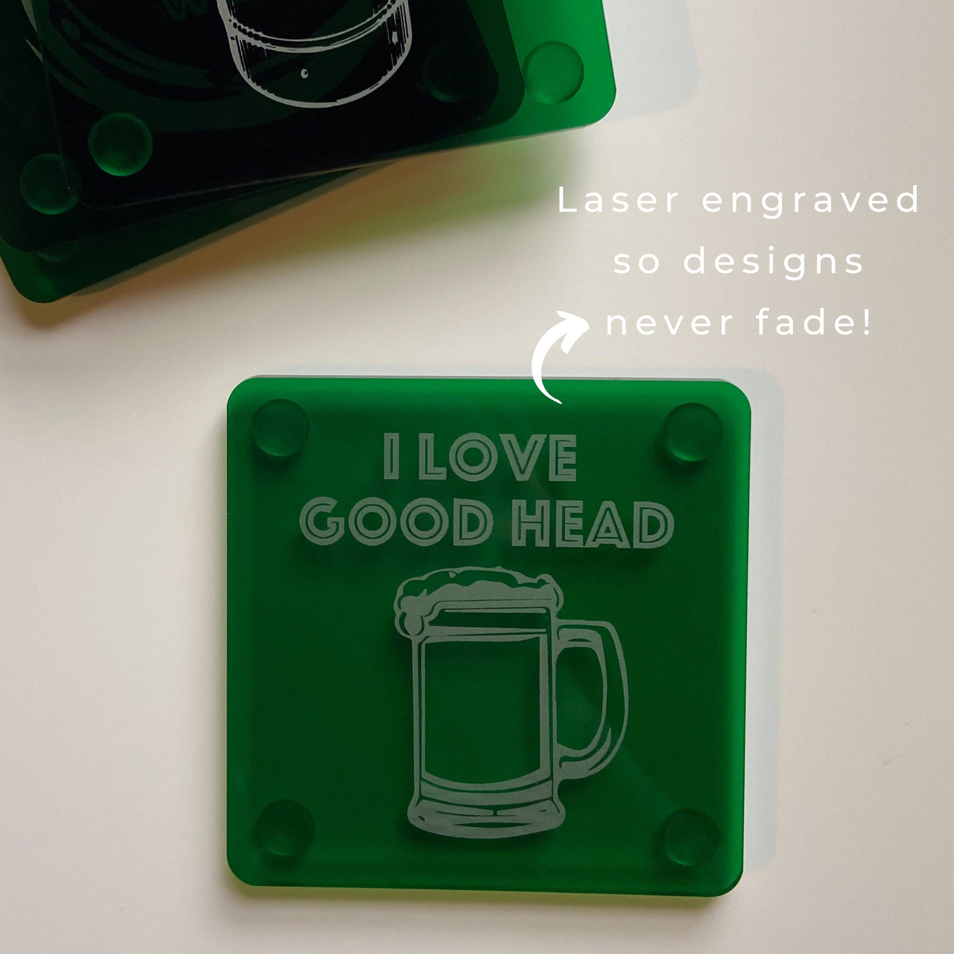 Funny Beer Coasters Set of 4 Green Acrylic Engraved Drink Holder | Adult Humor | Housewarming Home Bar Brewery Gifts | Craft Beer