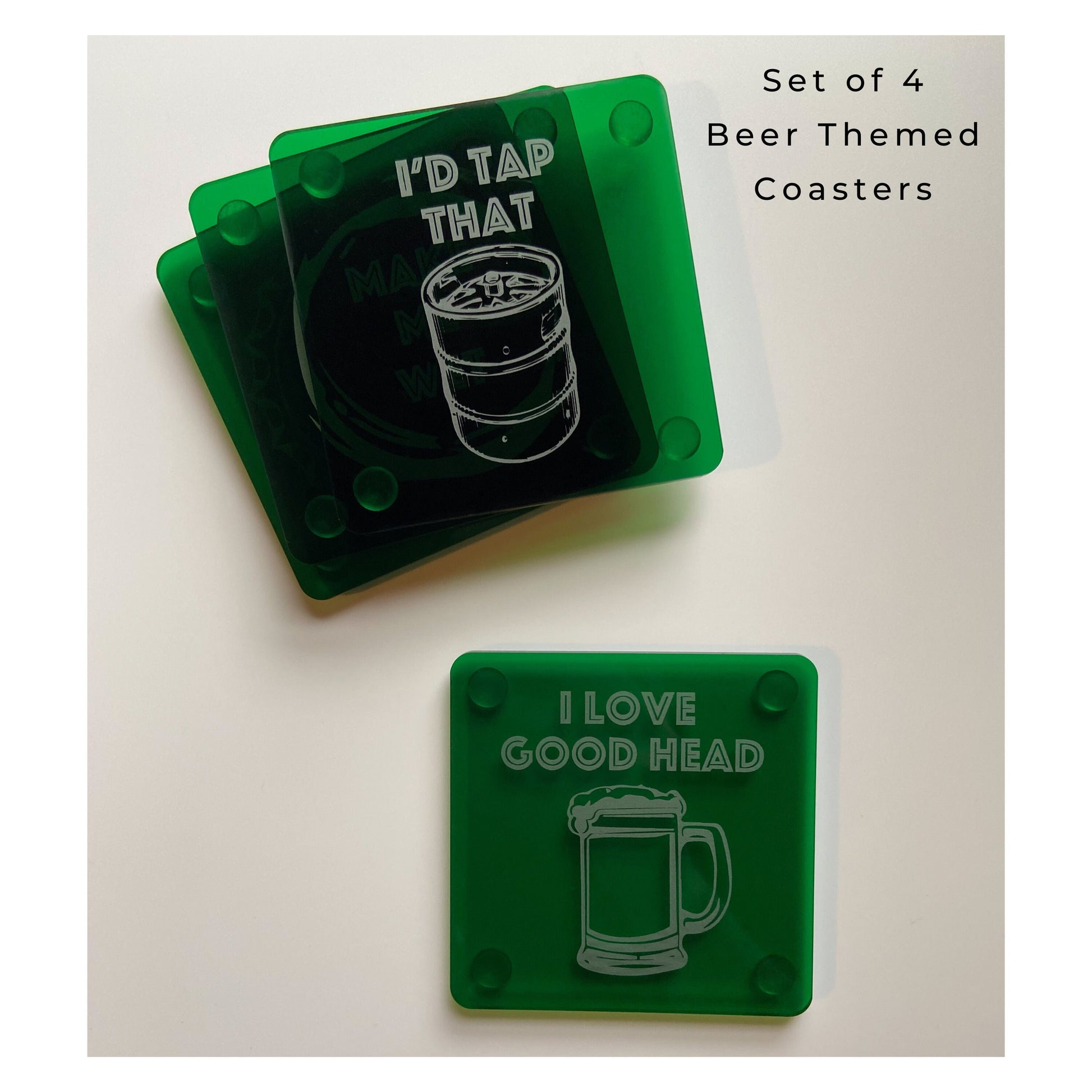 Funny Beer Coasters Set of 4 Green Acrylic Engraved Drink Holder | Adult Humor | Housewarming Home Bar Brewery Gifts | Craft Beer