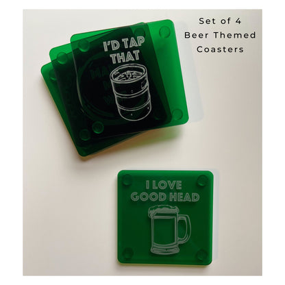 Funny Beer Coasters Set of 4 Green Acrylic Engraved Drink Holder | Adult Humor | Housewarming Home Bar Brewery Gifts | Craft Beer