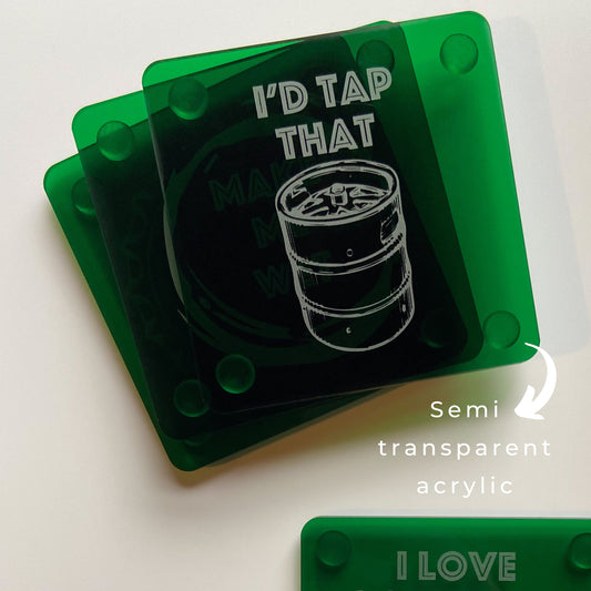 Funny Beer Coasters Set of 4 Green Acrylic Engraved Drink Holder | Adult Humor | Housewarming Home Bar Brewery Gifts | Craft Beer