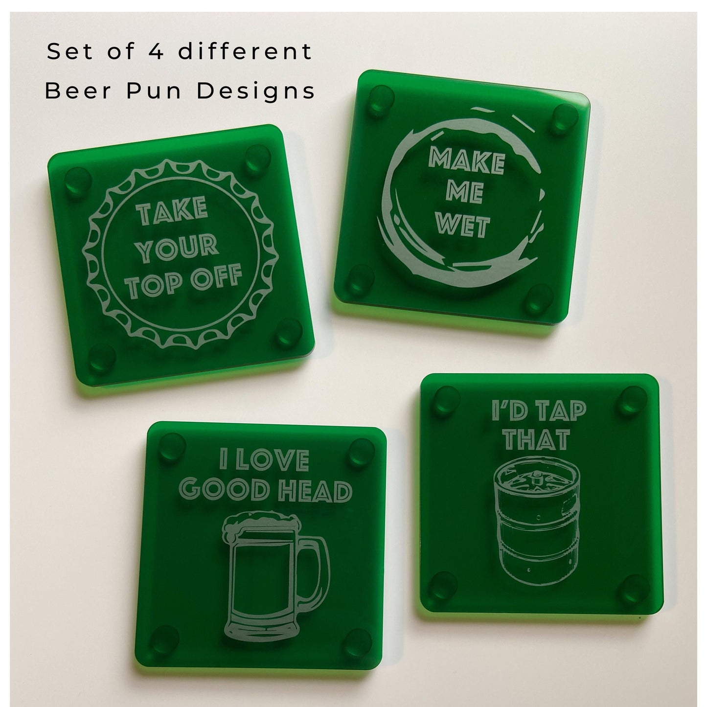 Funny Beer Coasters Set of 4 Green Acrylic Engraved Drink Holder | Adult Humor | Housewarming Home Bar Brewery Gifts | Craft Beer