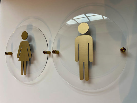 Clear and Gold Acrylic Bathroom Sign | Unisex Men Women Handicap Designs | Business Restroom Signs