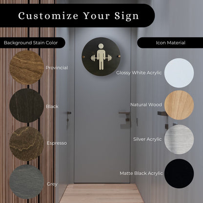 Crossfit Gym Bathroom Women Men Unisex Cycling Studio Restroom Signs Acrylic Rustic Wood 9 x 9 "| Priced per sign not as a set