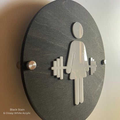 Crossfit Gym Bathroom Women Men Unisex Cycling Studio Restroom Signs Acrylic Rustic Wood 9 x 9 "| Priced per sign not as a set