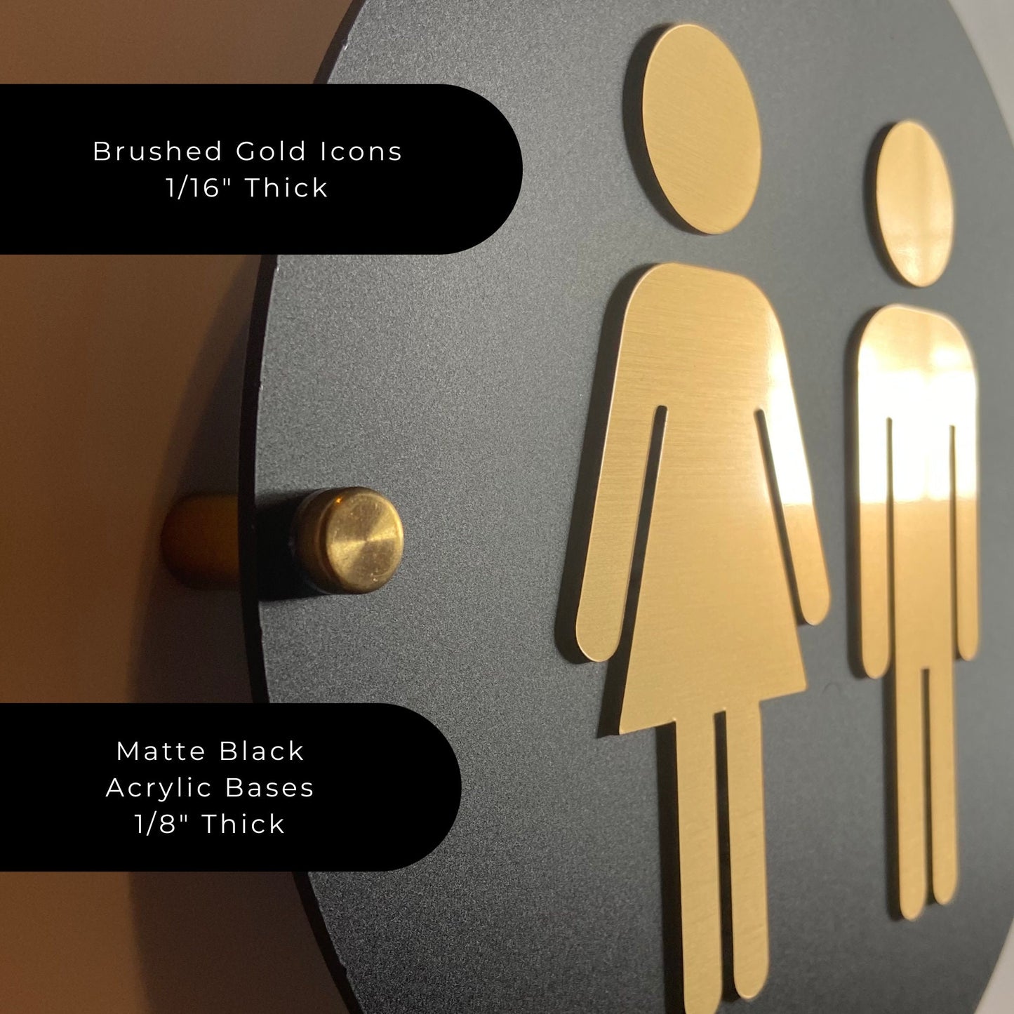 Black and Gold Acrylic Bathroom Sign | Unisex Men Women Handicap Designs | Business Restroom Signs