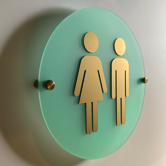 Aqua Blue & Gold Acrylic Restroom Sign | Custom Sign | 1620 Designs